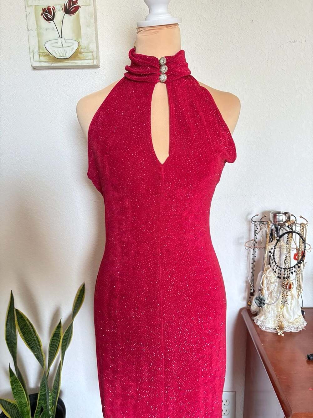 Vintage 80s/90s Cabachon Halter Dress Size 6 Red Sparkle Keyhole Rhinestone Butt